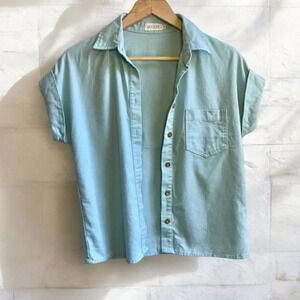 Roolee Light Blue Linen Button Up Cuffed Short Sleeve Collared Top, XS